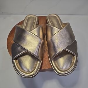 J.Crew Gold Metallic Leather Sandals Slides Size 8.5 - Excellent Condition
